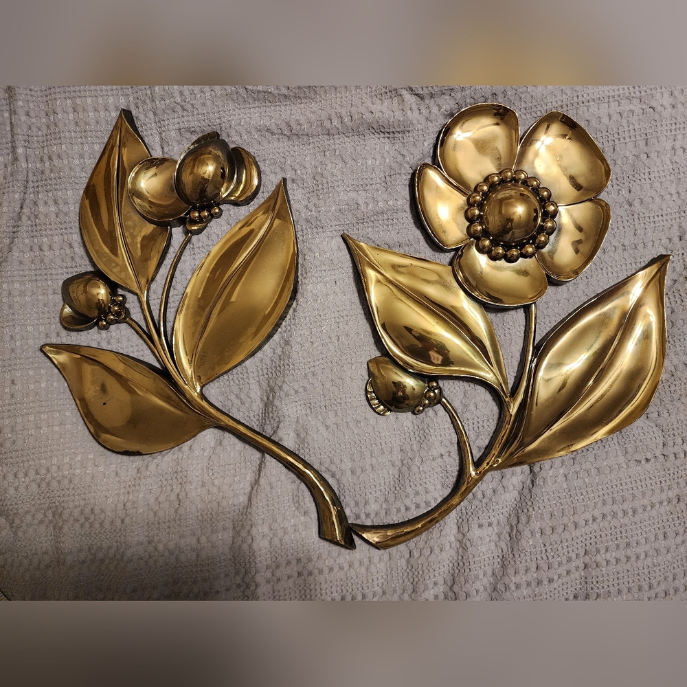 Vtg Large Pair Gold Syroco Poppy Flower Wall Hanging Decor 1964 Mid Century 7444